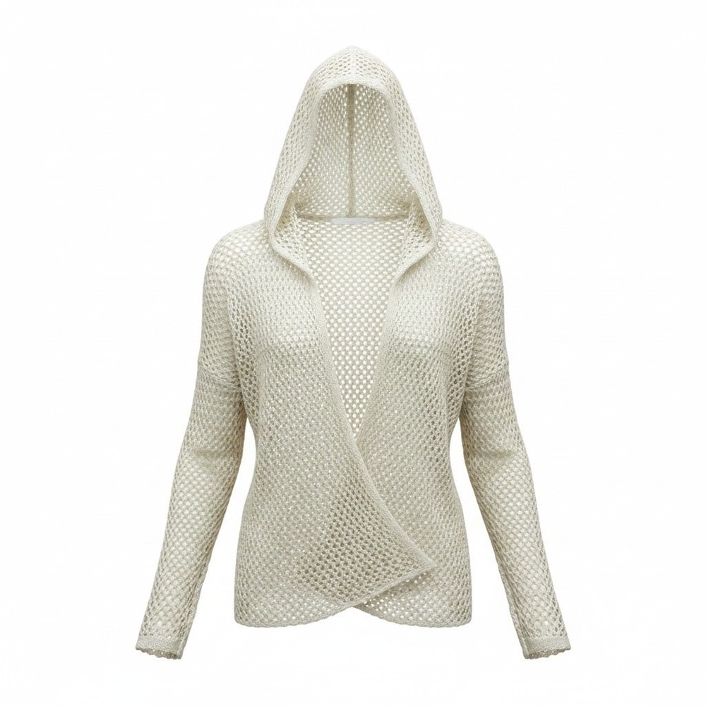 RD Style Womens Cream Crochet Knit Hooded Cardigan Open Front Mesh Sweater Small